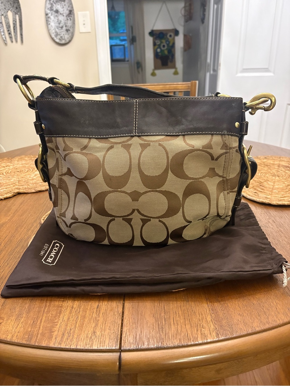 Coach Brown Signature Canvas Shoulder Bag with Dark Leather Trim